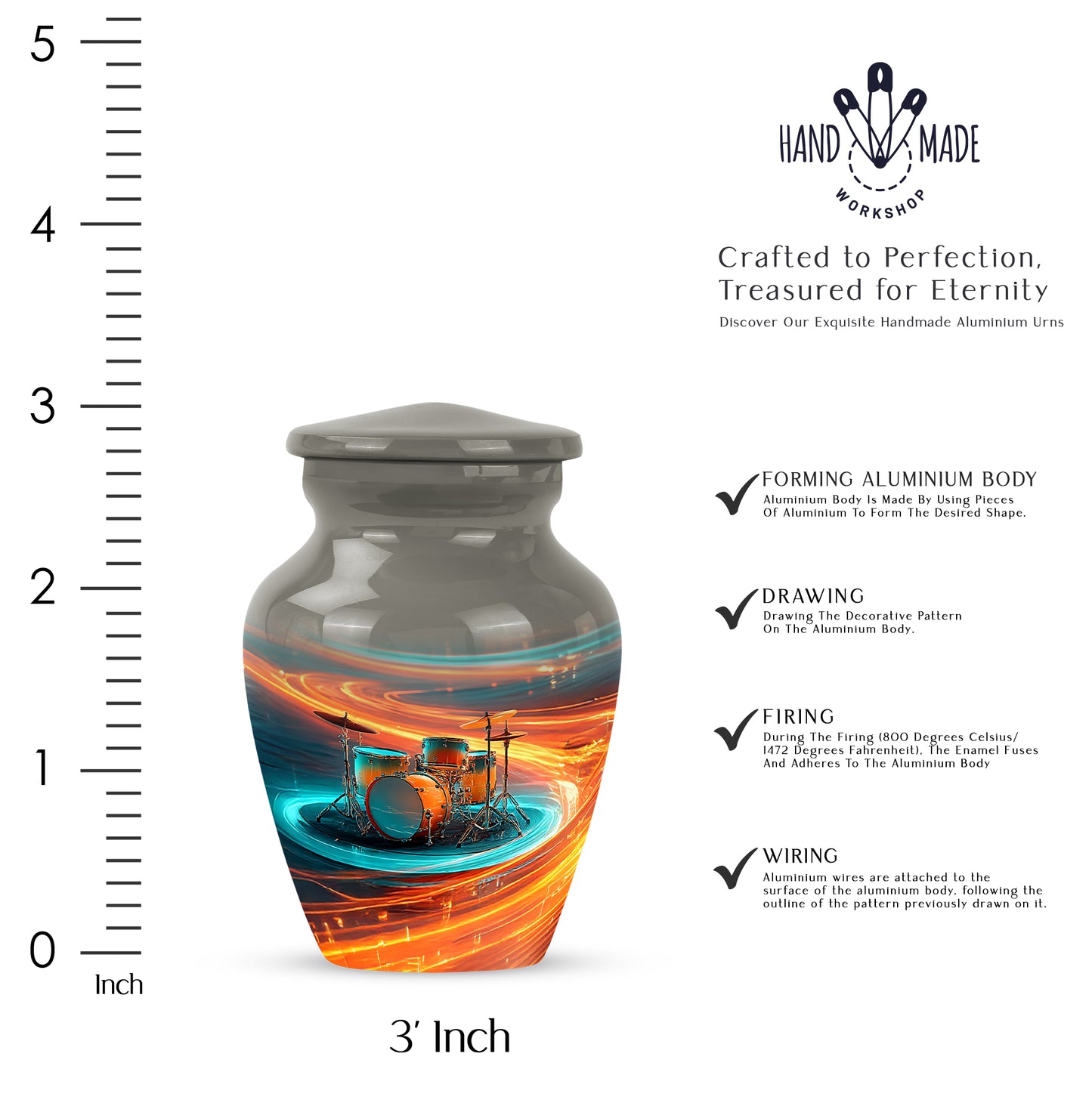 Dove Gray Drums Cremation Urn close-up of engraving and surface detail - timeless drums motif etched into premium metal - mini keepsake memorial for portion of cremation ashes