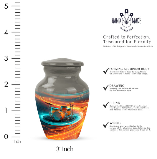 Dove Gray Drums Cremation Urn close-up of engraving and surface detail - timeless drums motif etched into premium metal - mini keepsake memorial for portion of cremation ashes