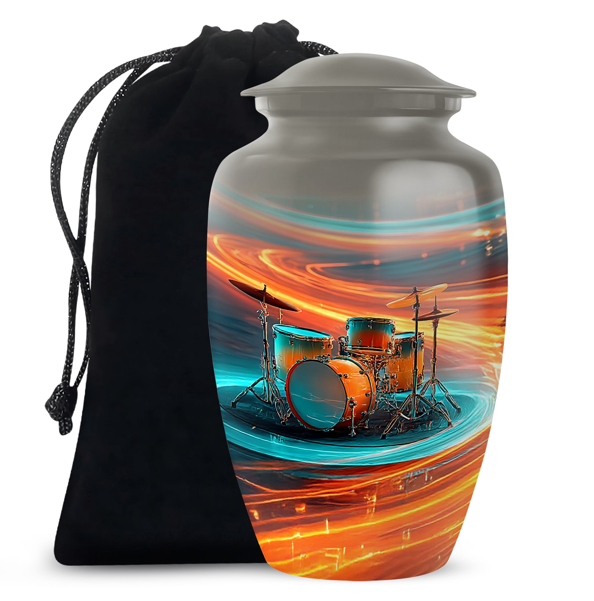 Ash Gray Drums Cremation Urn angled view of lid and engraved motif - traditional drums engraving with hand-polished finish - full-size 10 inch 200 cubic inch adult cremation urn