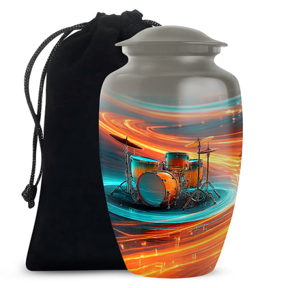 Ash Gray Drums Cremation Urn angled view of lid and engraved motif - traditional drums engraving with hand-polished finish - full-size 10 inch 200 cubic inch adult cremation urn