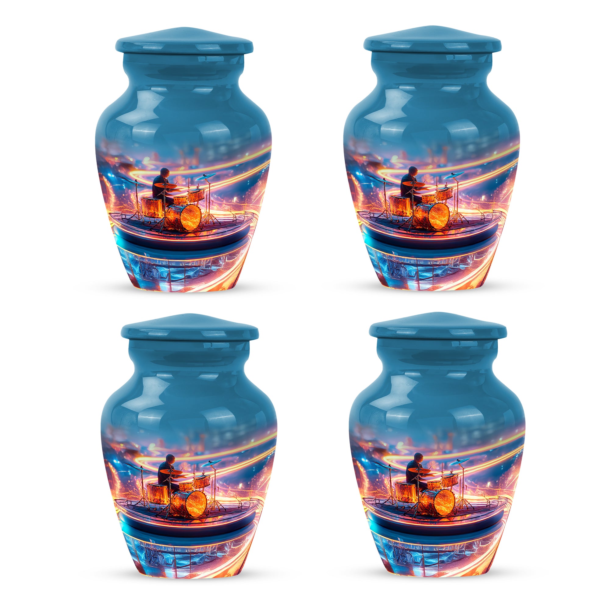 Slate Blue Drums Cremation Urn side profile showing urn shape - timeless drums motif etched into premium metal - 10 inch aluminum urn for cremated remains