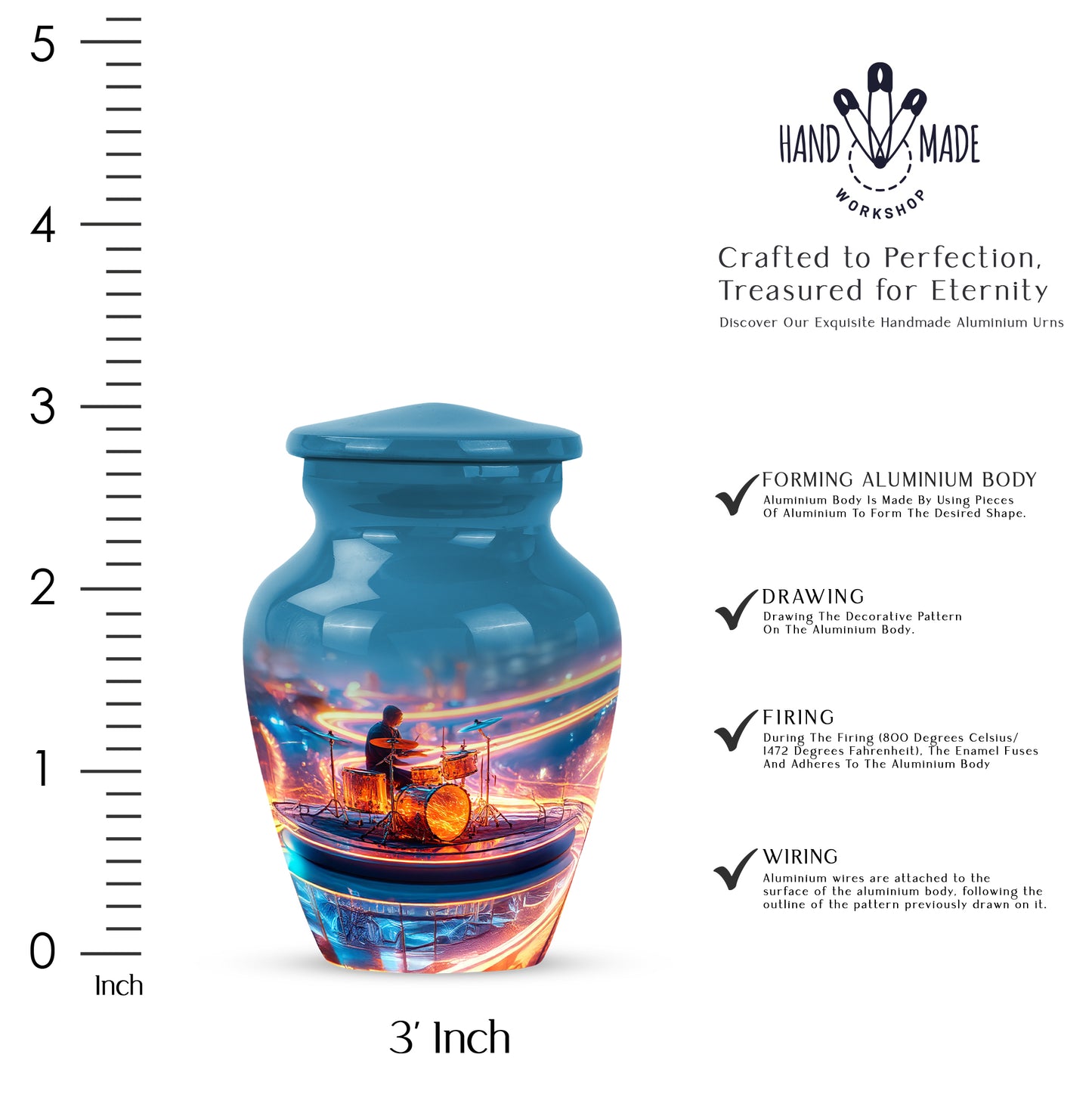 Powder Blue Drums Cremation Urn close-up of engraving and surface detail - classic sculpted drums pattern on smooth aluminum - mini keepsake memorial for portion of cremation ashes