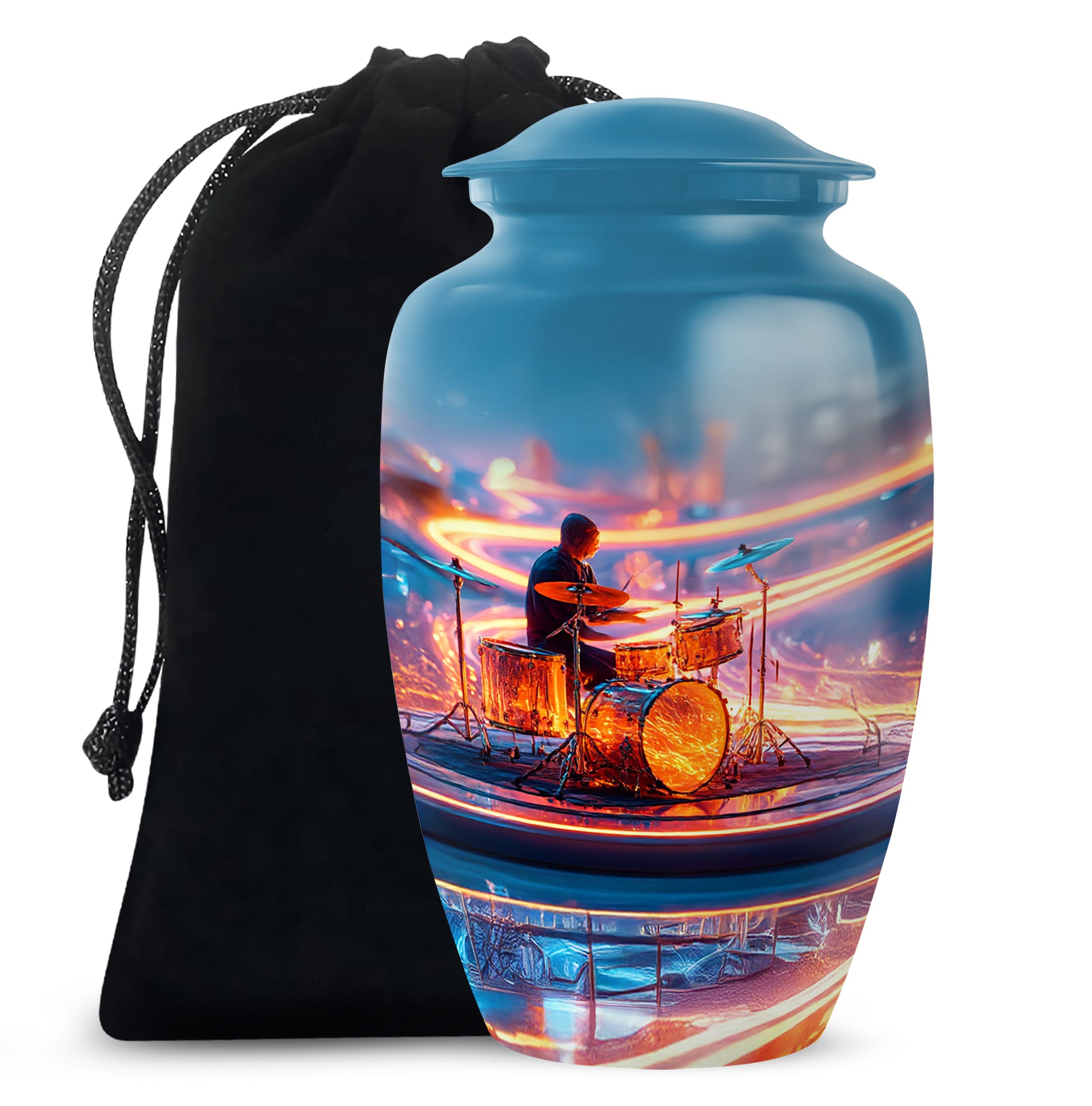 Navy Blue Drums Cremation Urn angled view of lid and engraved motif - timeless drums motif etched into premium metal - full-size 10 inch 200 cubic inch adult cremation urn