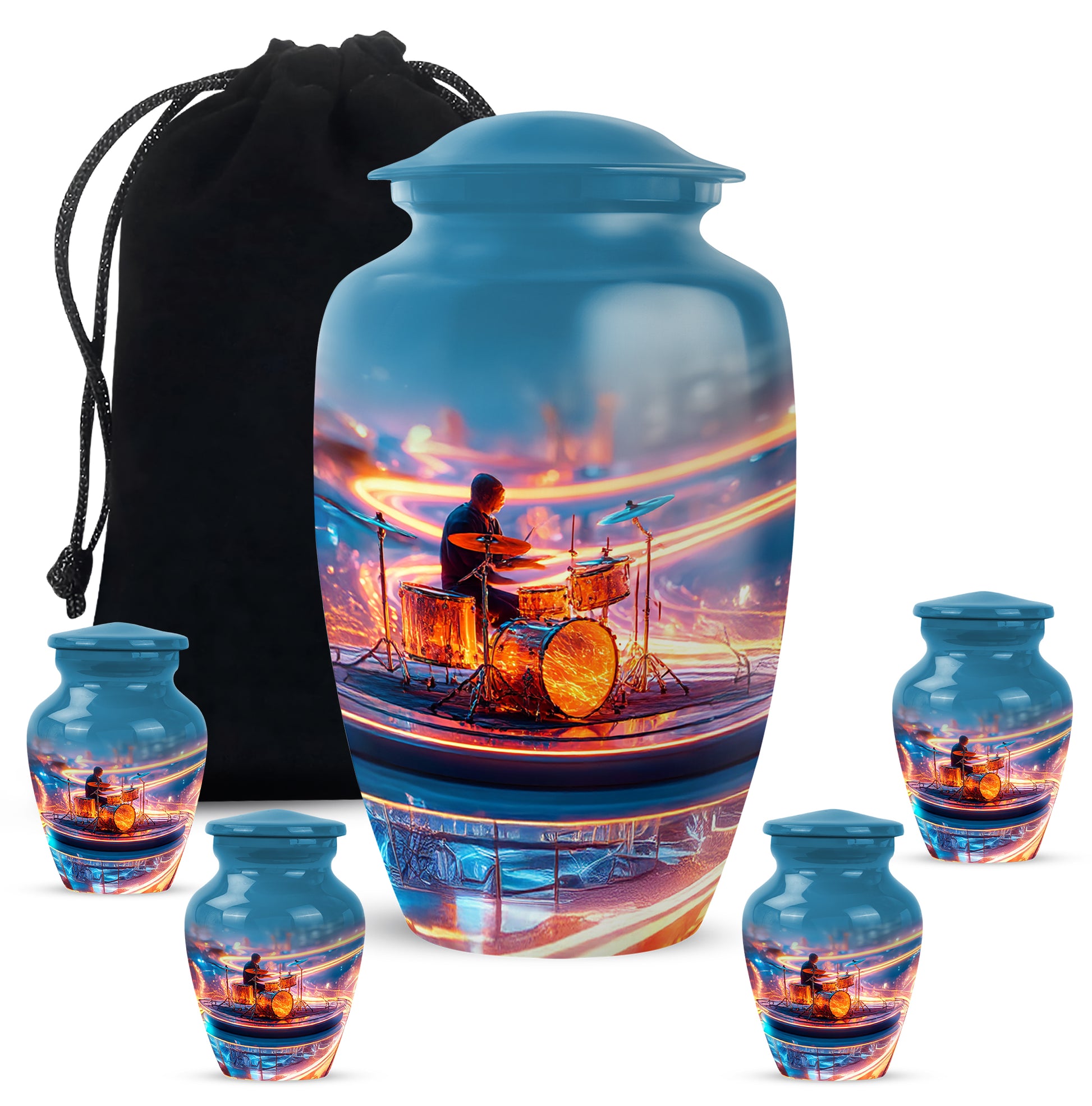Serene Blue Drums Cremation Urn top-down view of secure threaded lid - elegant classic drums relief with fine detailing - memorial set with one large and four small urns