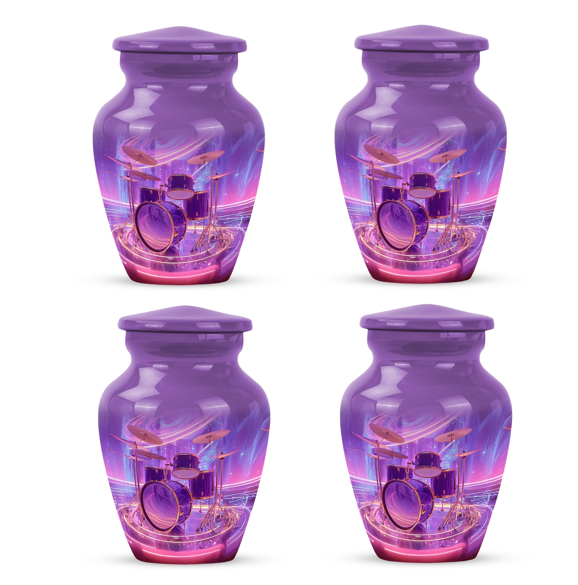 Grape Purple Drums Cremation Urn side profile showing urn shape - elegant classic drums relief with fine detailing - 10 inch aluminum urn for cremated remains