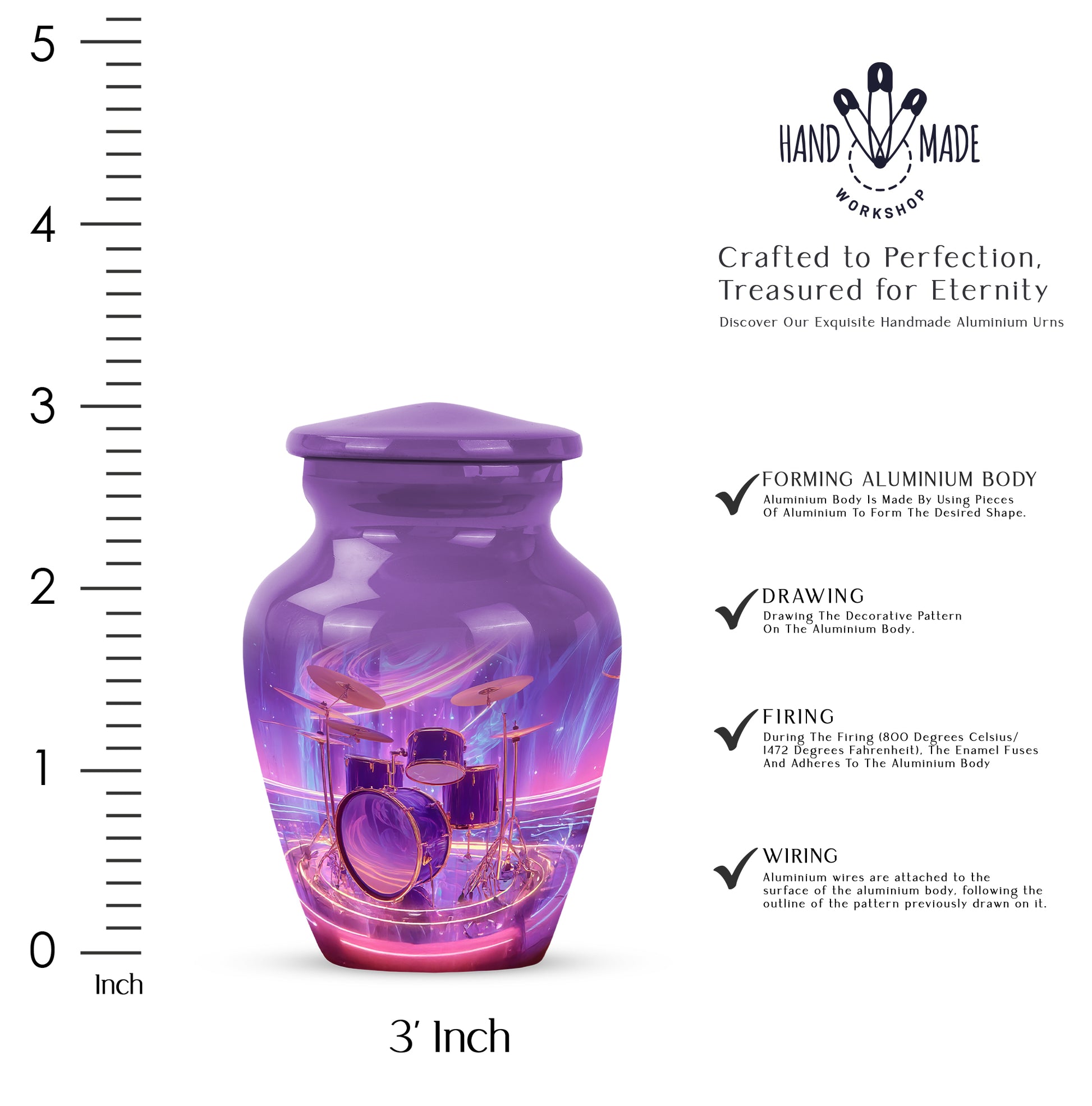 Twilight Purple Drums Cremation Urn close-up of engraving and surface detail - elegant classic drums relief with fine detailing - mini keepsake memorial for portion of cremation ashes