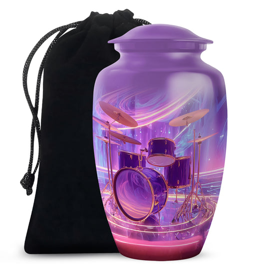 Grape Purple Drums Cremation Urn angled view of lid and engraved motif - traditional drums engraving with hand-polished finish - full-size 10 inch 200 cubic inch adult cremation urn