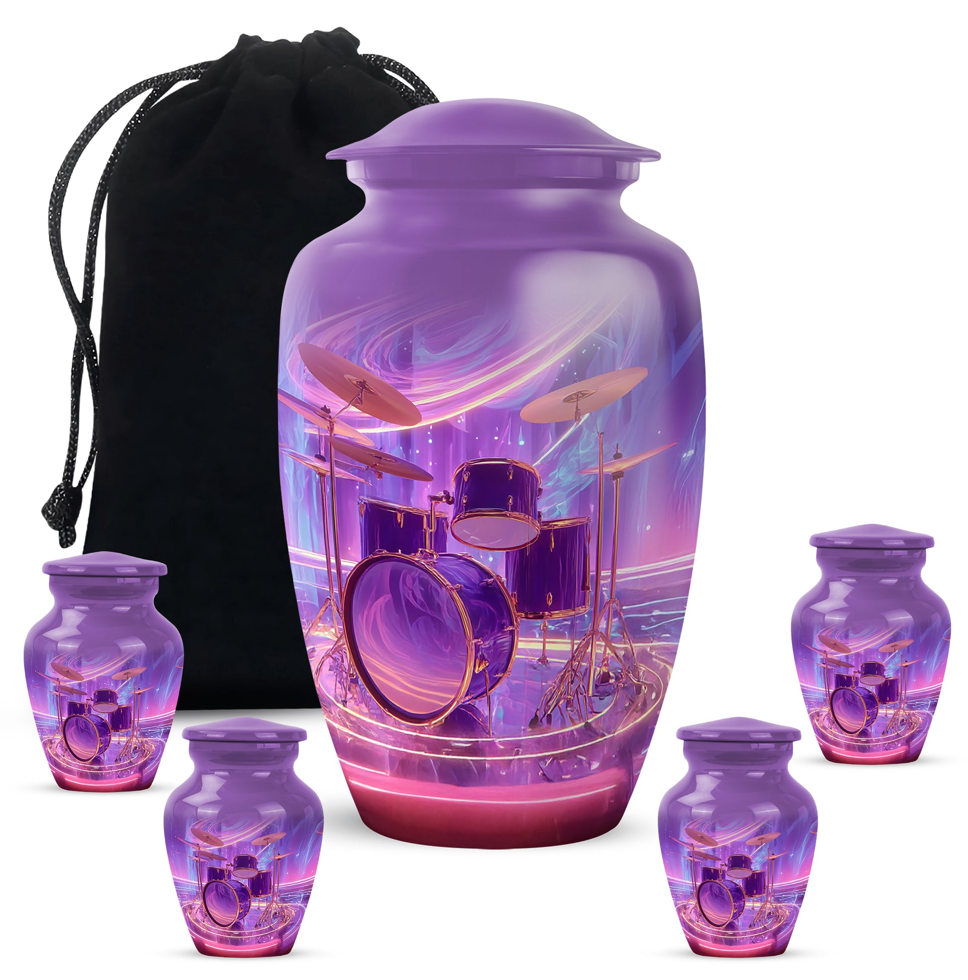 Majestic Purple Drums Cremation Urn top-down view of secure threaded lid - timeless drums motif etched into premium metal - memorial set with one large and four small urns