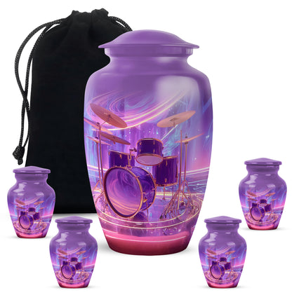 Majestic Purple Drums Cremation Urn top-down view of secure threaded lid - timeless drums motif etched into premium metal - memorial set with one large and four small urns