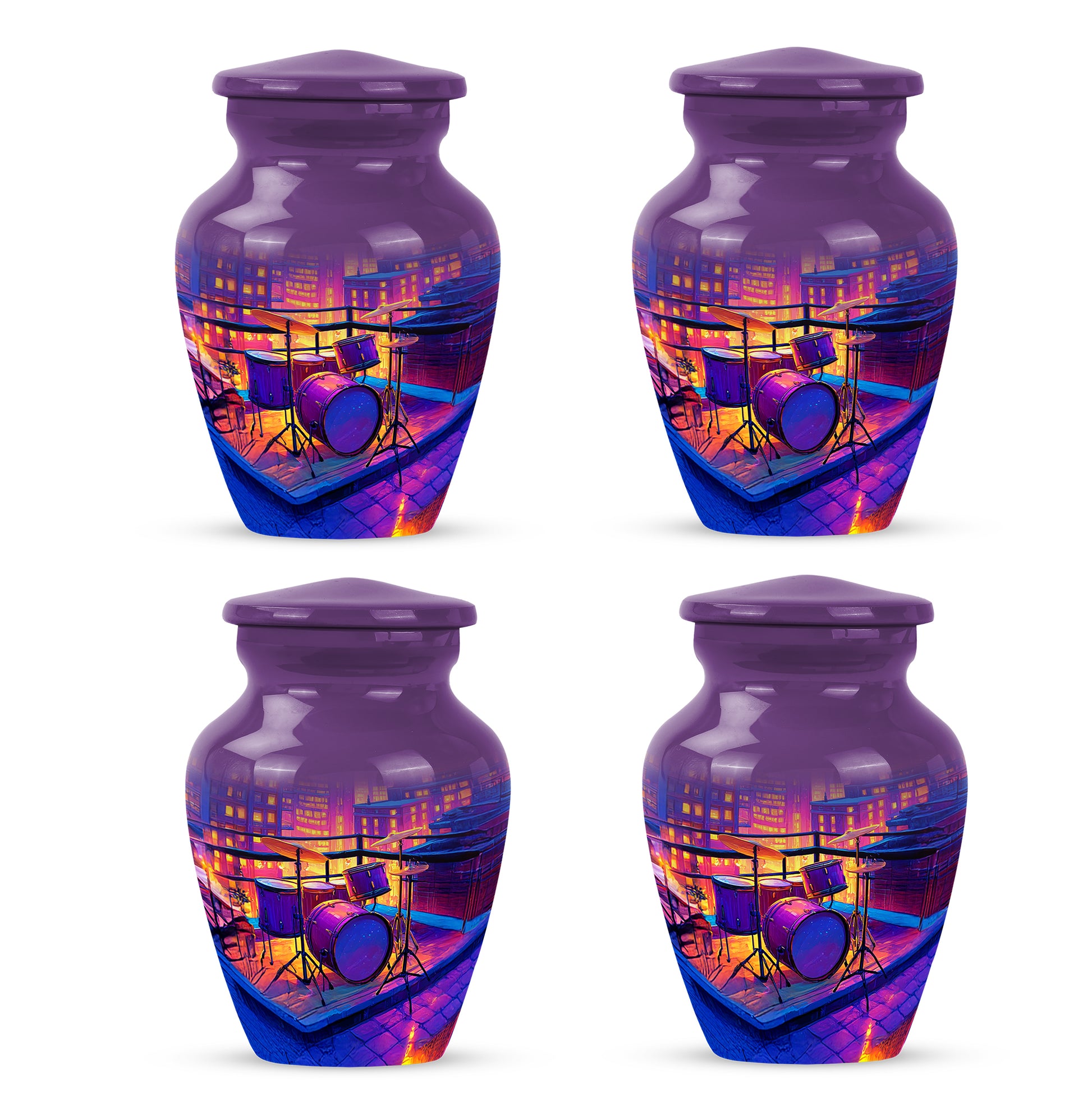 Violet Purple Drums Cremation Urn side profile showing urn shape - elegant classic drums relief with fine detailing - 10 inch aluminum urn for cremated remains
