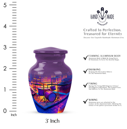 Grape Purple Drums Cremation Urn close-up of engraving and surface detail - traditional drums engraving with hand-polished finish - mini keepsake memorial for portion of cremation ashes