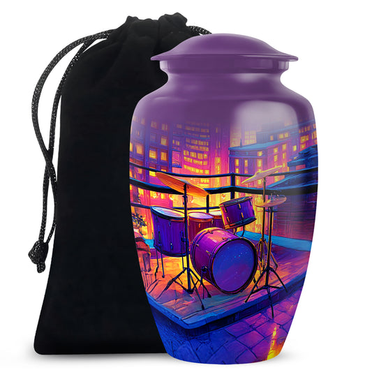 Violet Purple Drums Cremation Urn angled view of lid and engraved motif - traditional drums engraving with hand-polished finish - full-size 10 inch 200 cubic inch adult cremation urn