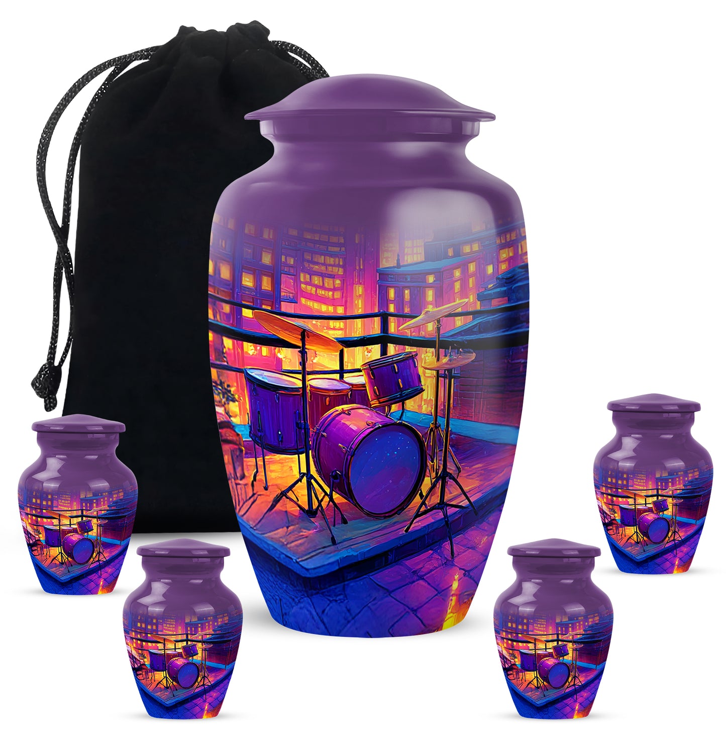 Deep Purple Drums Cremation Urn top-down view of secure threaded lid - classic sculpted drums pattern on smooth aluminum - memorial set with one large and four small urns