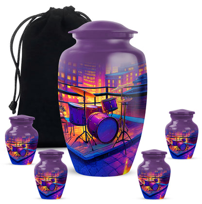 Deep Purple Drums Cremation Urn top-down view of secure threaded lid - classic sculpted drums pattern on smooth aluminum - memorial set with one large and four small urns