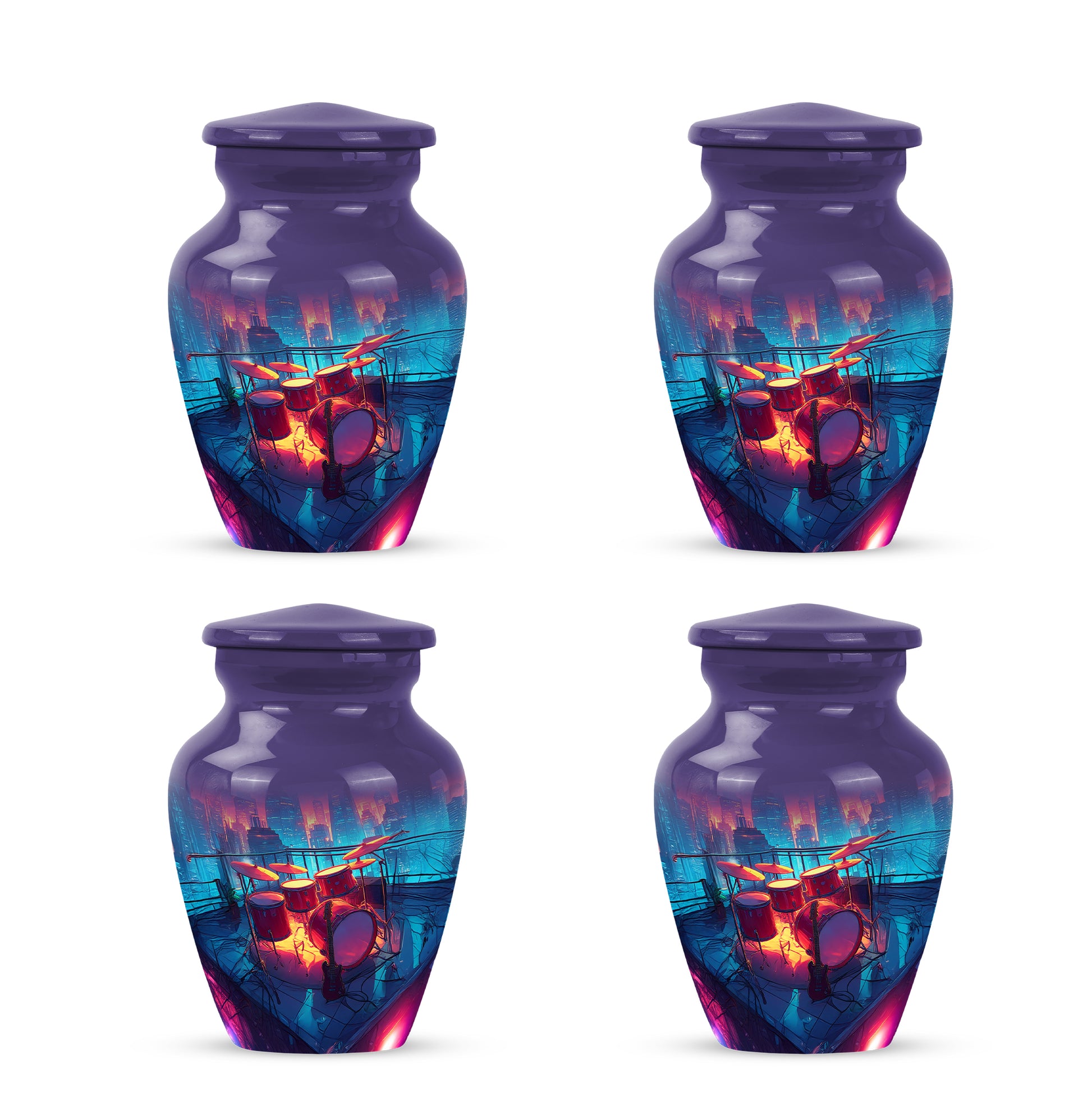 Steel Blue Drums Cremation Urn side profile showing urn shape - traditional drums engraving with hand-polished finish - 10 inch aluminum urn for cremated remains