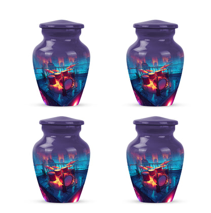 Steel Blue Drums Cremation Urn side profile showing urn shape - traditional drums engraving with hand-polished finish - 10 inch aluminum urn for cremated remains