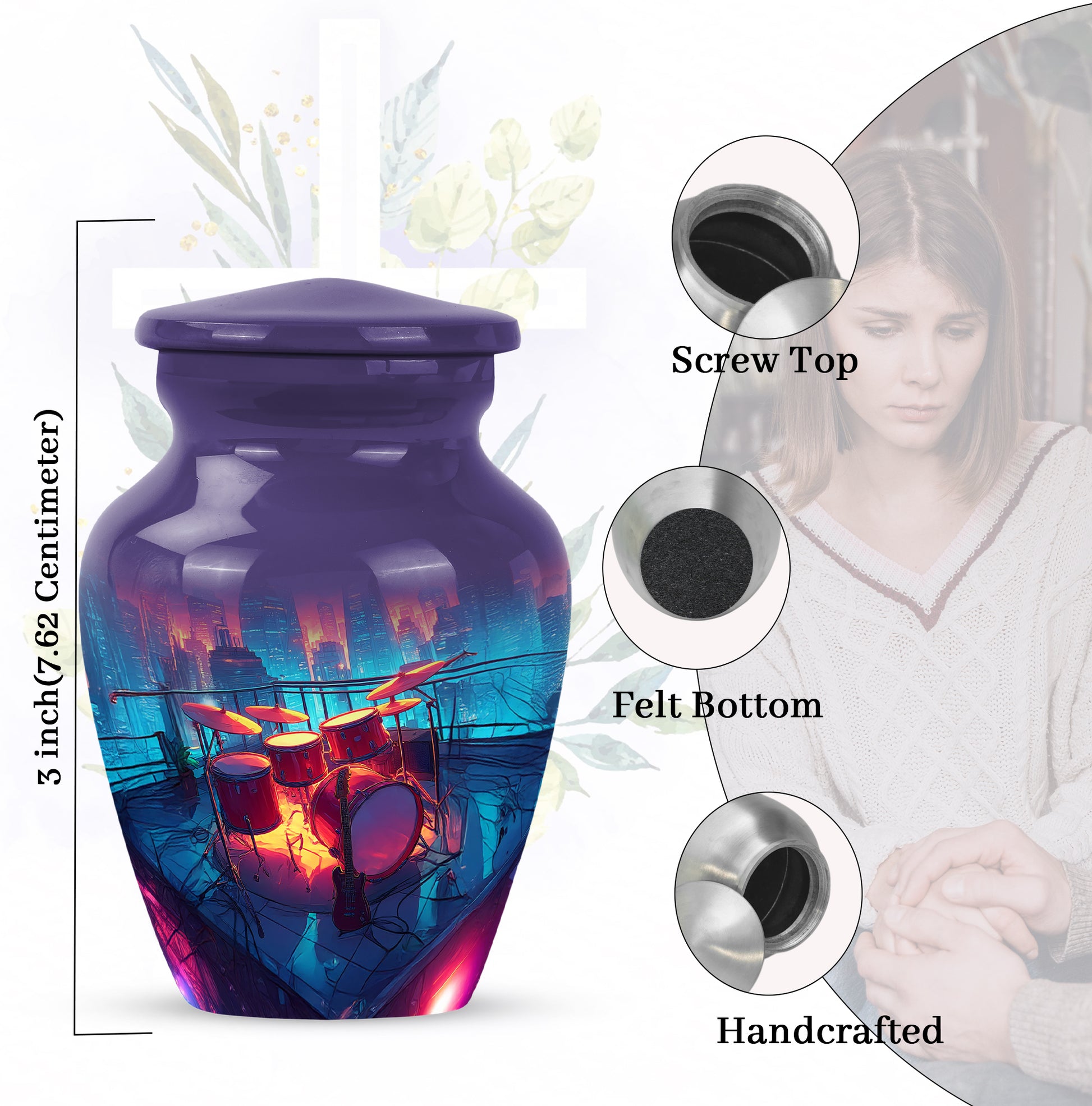 Steel Blue Drums Cremation Urn close-up of engraving and surface detail - traditional drums engraving with hand-polished finish - mini keepsake memorial for portion of cremation ashes