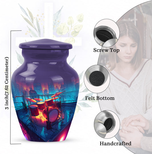 Steel Blue Drums Cremation Urn close-up of engraving and surface detail - traditional drums engraving with hand-polished finish - mini keepsake memorial for portion of cremation ashes