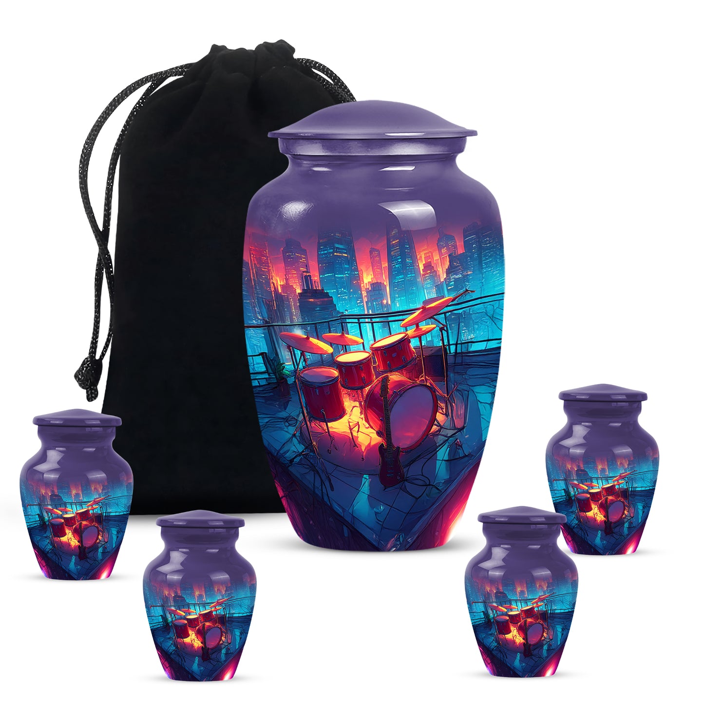 Serene Blue Drums Cremation Urn top-down view of secure threaded lid - traditional drums engraving with hand-polished finish - memorial set with one large and four small urns