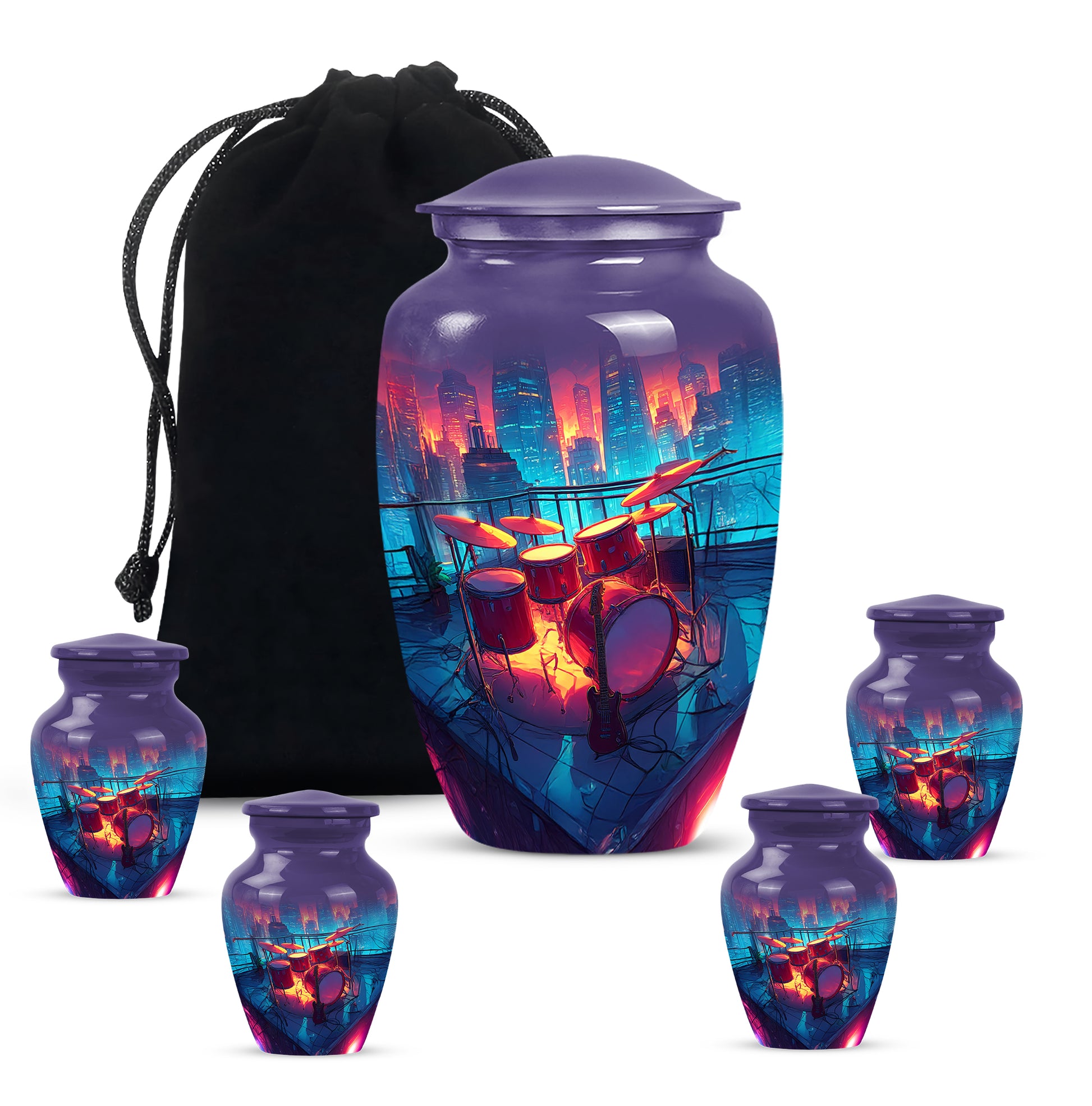 Serene Blue Drums Cremation Urn top-down view of secure threaded lid - traditional drums engraving with hand-polished finish - memorial set with one large and four small urns