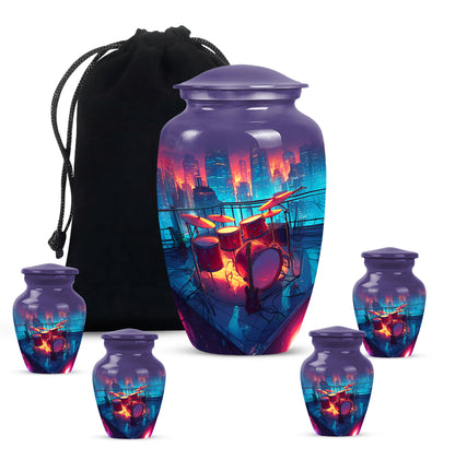 Serene Blue Drums Cremation Urn top-down view of secure threaded lid - traditional drums engraving with hand-polished finish - memorial set with one large and four small urns
