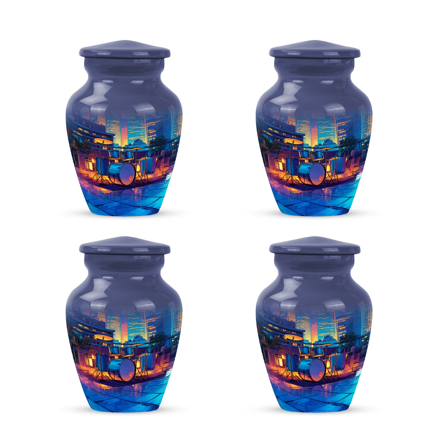 Steel Blue Drums Cremation Urn side profile showing urn shape - traditional drums engraving with hand-polished finish - 10 inch aluminum urn for cremated remains