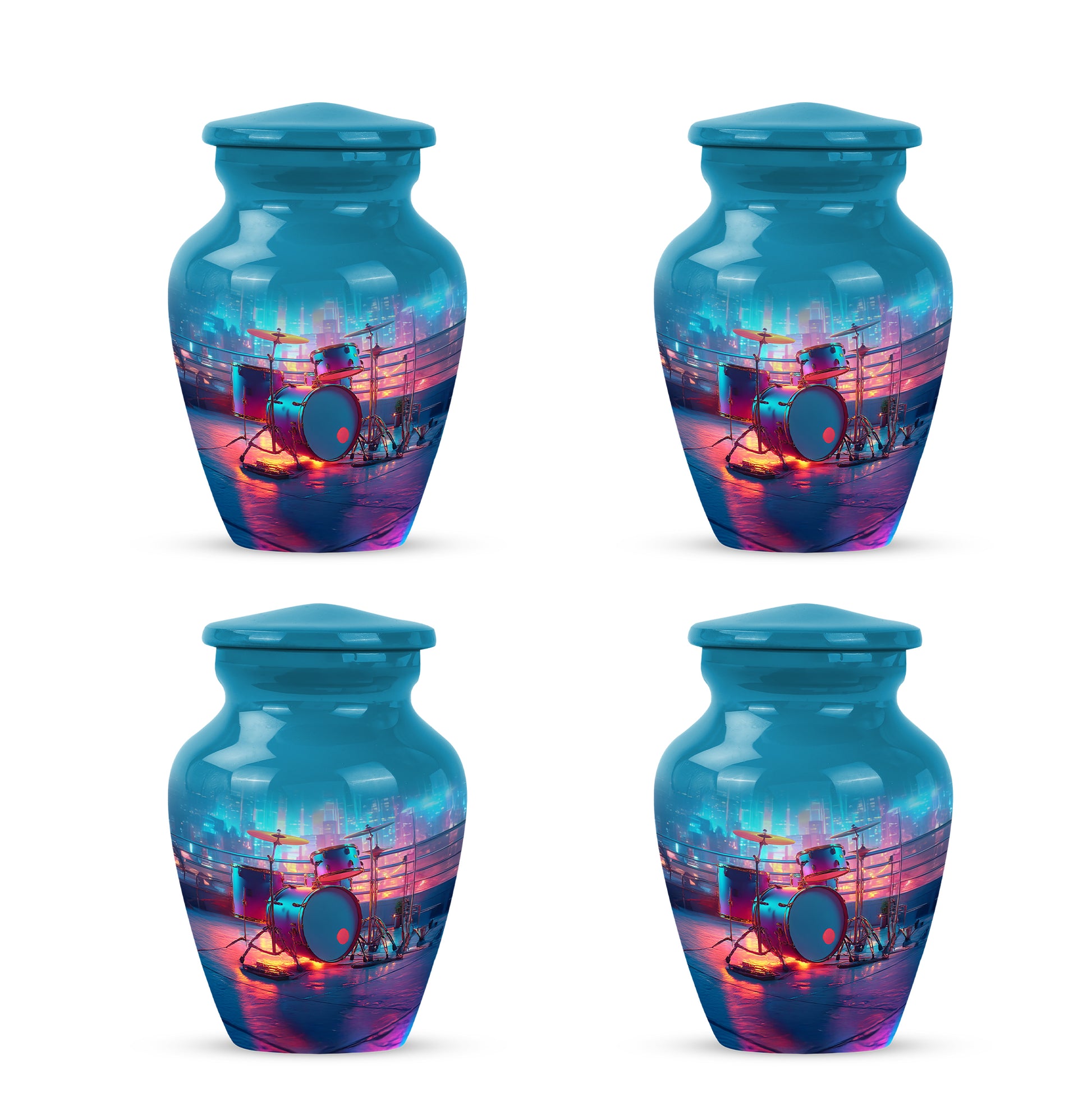 Sky Blue Drums Cremation Urn side profile showing urn shape - timeless drums motif etched into premium metal - 10 inch aluminum urn for cremated remains