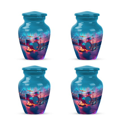 Sky Blue Drums Cremation Urn side profile showing urn shape - timeless drums motif etched into premium metal - 10 inch aluminum urn for cremated remains