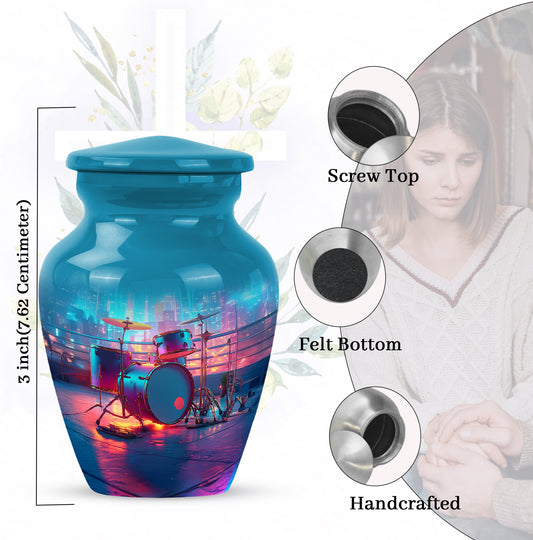 Powder Blue Drums Cremation Urn close-up of engraving and surface detail - timeless drums motif etched into premium metal - mini keepsake memorial for portion of cremation ashes