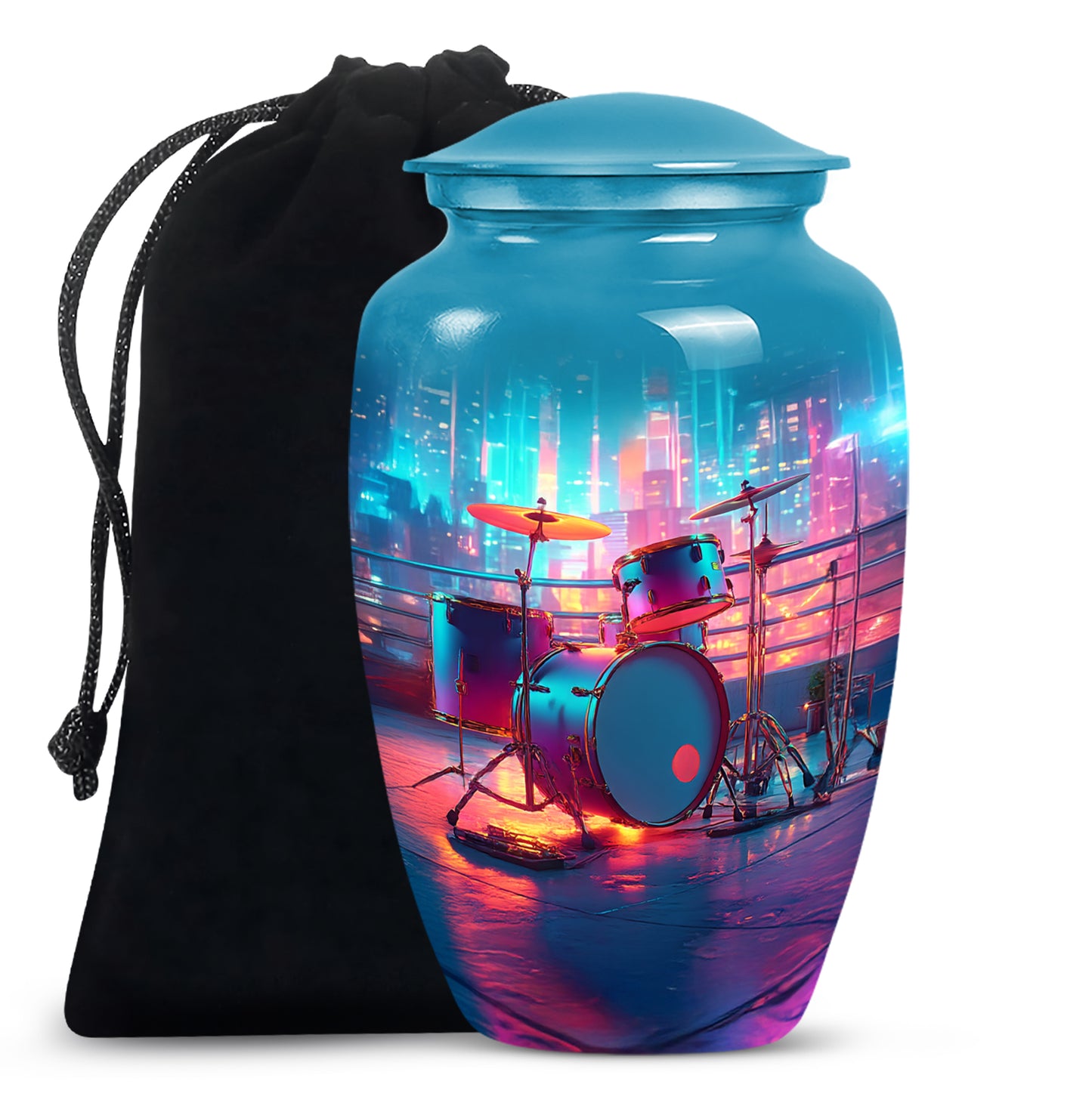 Powder Blue Drums Cremation Urn angled view of lid and engraved motif - timeless drums motif etched into premium metal - full-size 10 inch 200 cubic inch adult cremation urn