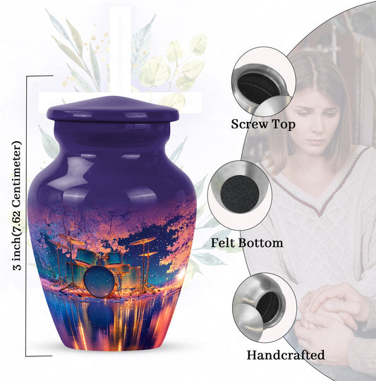 Bright Blue Drums Cremation Urn close-up of engraving and surface detail - traditional drums engraving with hand-polished finish - mini keepsake memorial for portion of cremation ashes