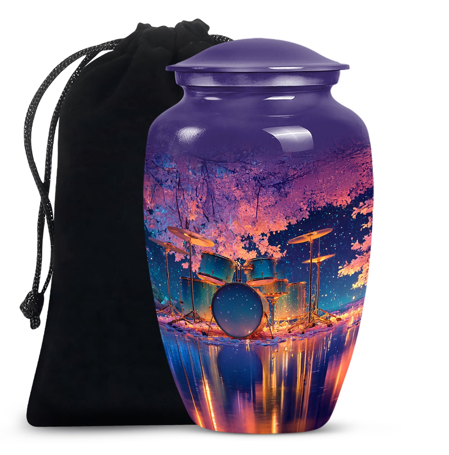 Cornflower Blue Drums Cremation Urn angled view of lid and engraved motif - elegant classic drums relief with fine detailing - full-size 10 inch 200 cubic inch adult cremation urn