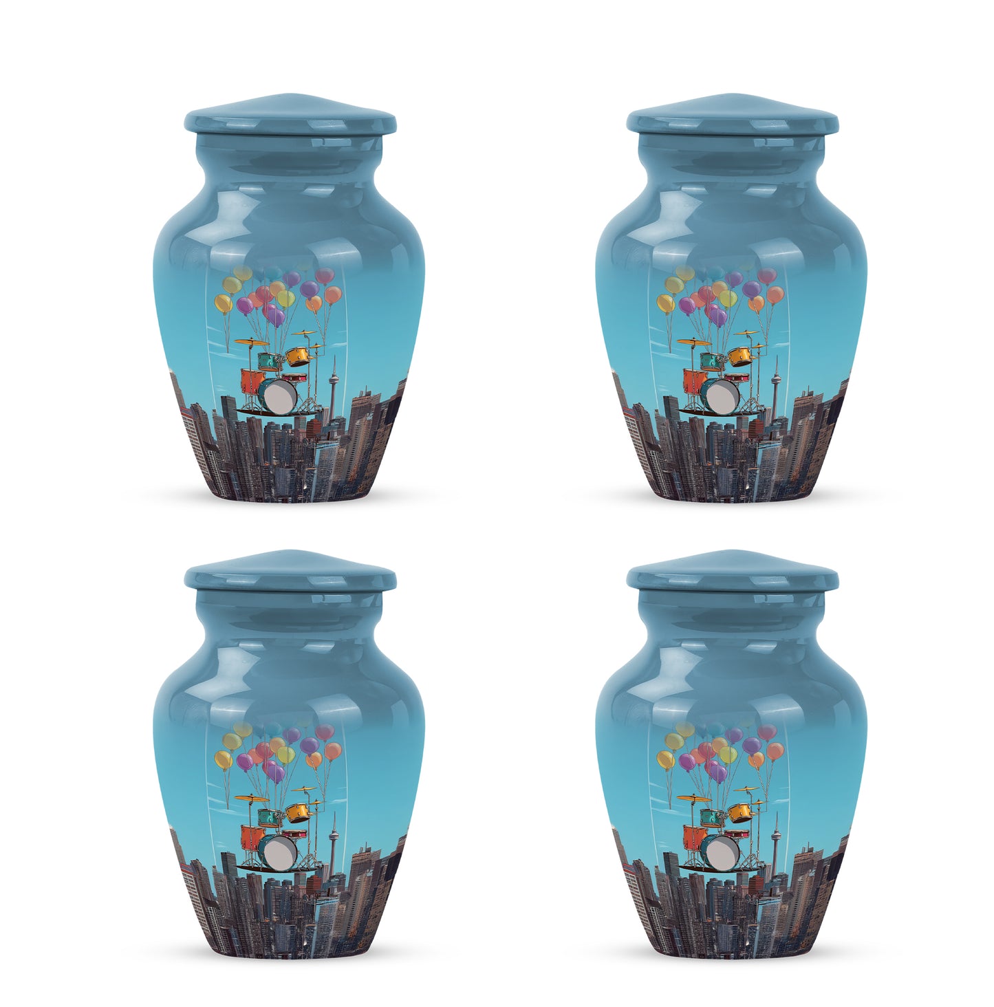 Slate Blue Drums Cremation Urn side profile showing urn shape - timeless drums motif etched into premium metal - 10 inch aluminum urn for cremated remains
