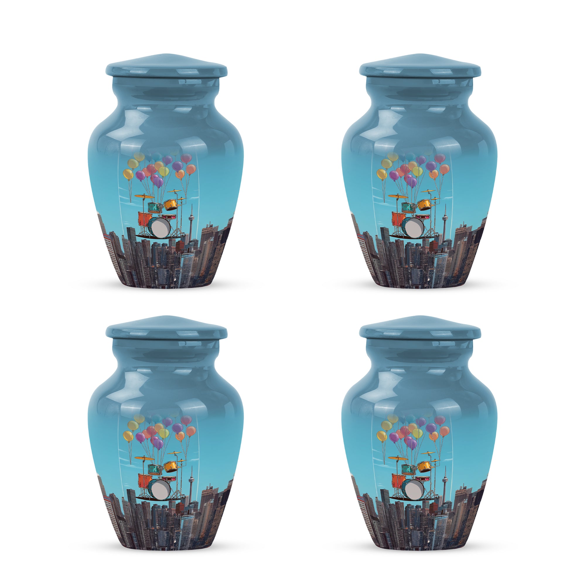 Slate Blue Drums Cremation Urn side profile showing urn shape - timeless drums motif etched into premium metal - 10 inch aluminum urn for cremated remains