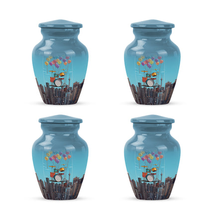 Slate Blue Drums Cremation Urn side profile showing urn shape - timeless drums motif etched into premium metal - 10 inch aluminum urn for cremated remains