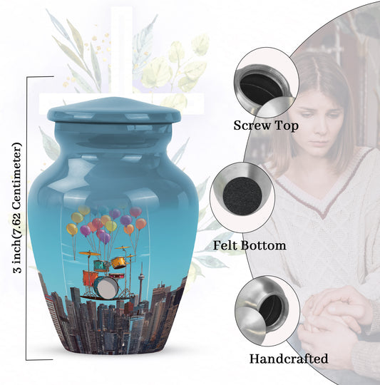 Bright Blue Drums Cremation Urn close-up of engraving and surface detail - elegant classic drums relief with fine detailing - mini keepsake memorial for portion of cremation ashes