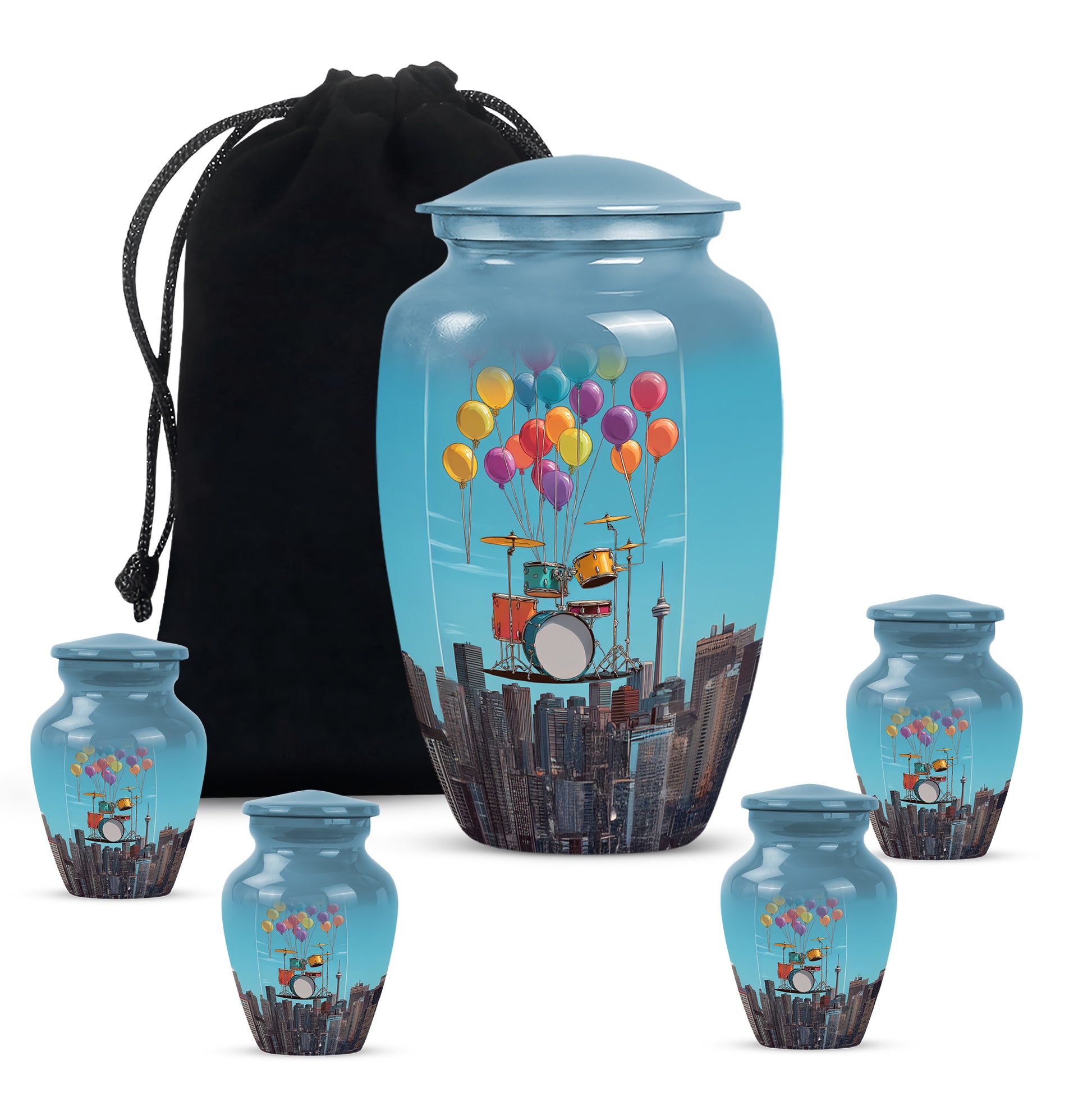 Calming Blue Drums Cremation Urn top-down view of secure threaded lid - elegant classic drums relief with fine detailing - memorial set with one large and four small urns