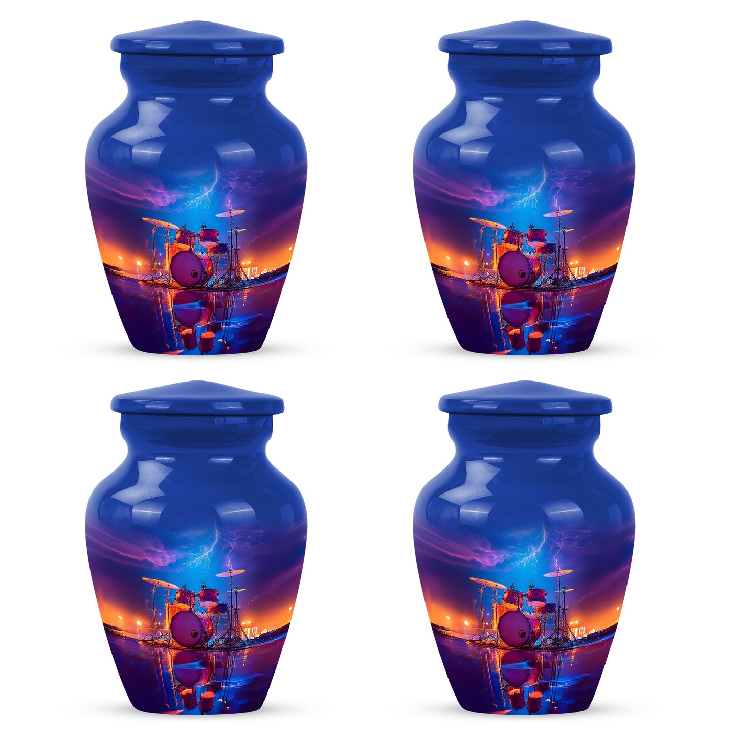 Navy Blue Drums Cremation Urn side profile showing urn shape - classic sculpted drums pattern on smooth aluminum - 10 inch aluminum urn for cremated remains