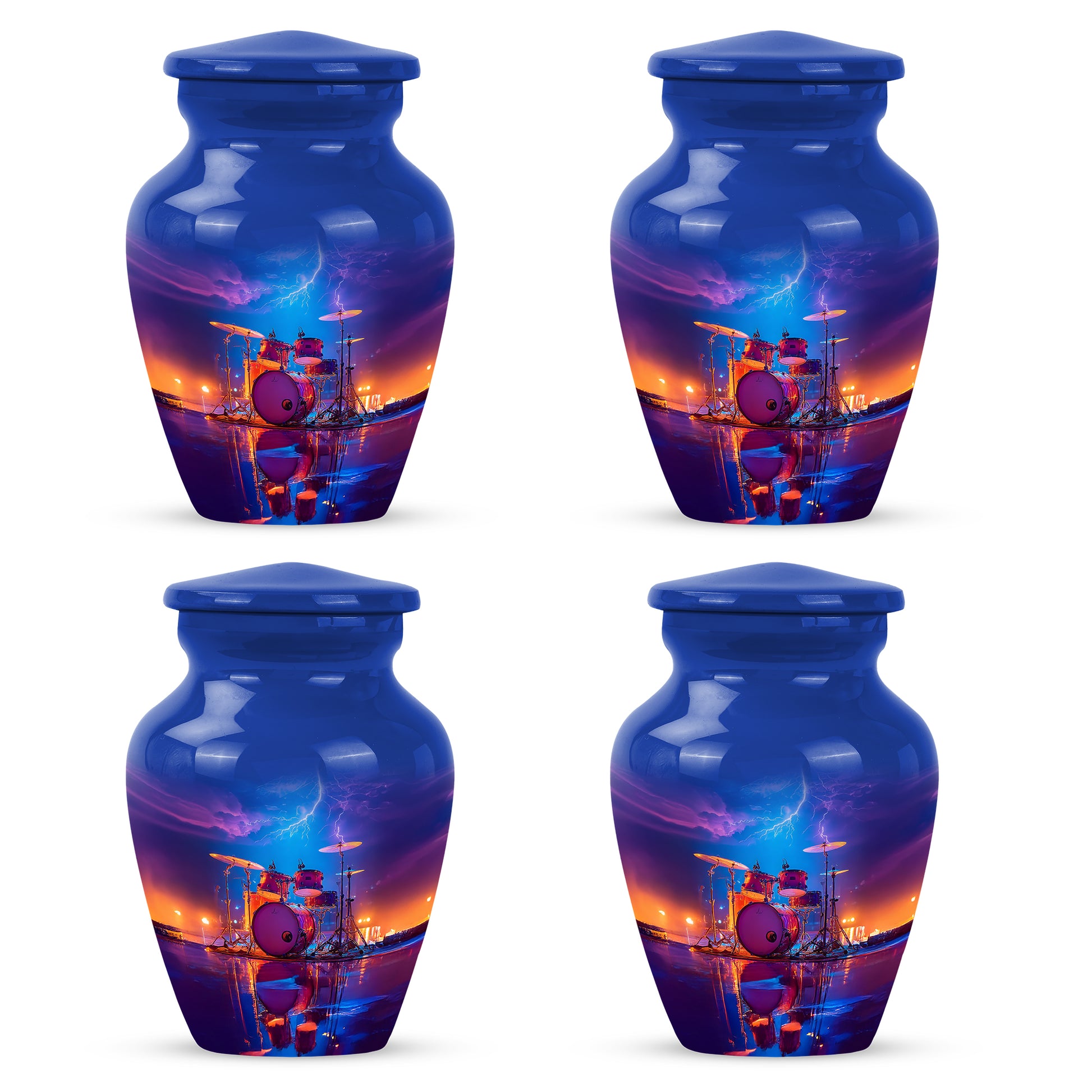 Navy Blue Drums Cremation Urn side profile showing urn shape - classic sculpted drums pattern on smooth aluminum - 10 inch aluminum urn for cremated remains