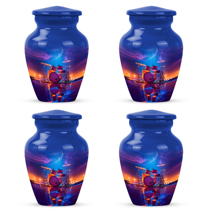 Navy Blue Drums Cremation Urn side profile showing urn shape - classic sculpted drums pattern on smooth aluminum - 10 inch aluminum urn for cremated remains