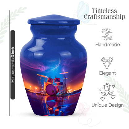 Misty Blue Drums Cremation Urn close-up of engraving and surface detail - timeless drums motif etched into premium metal - mini keepsake memorial for portion of cremation ashes