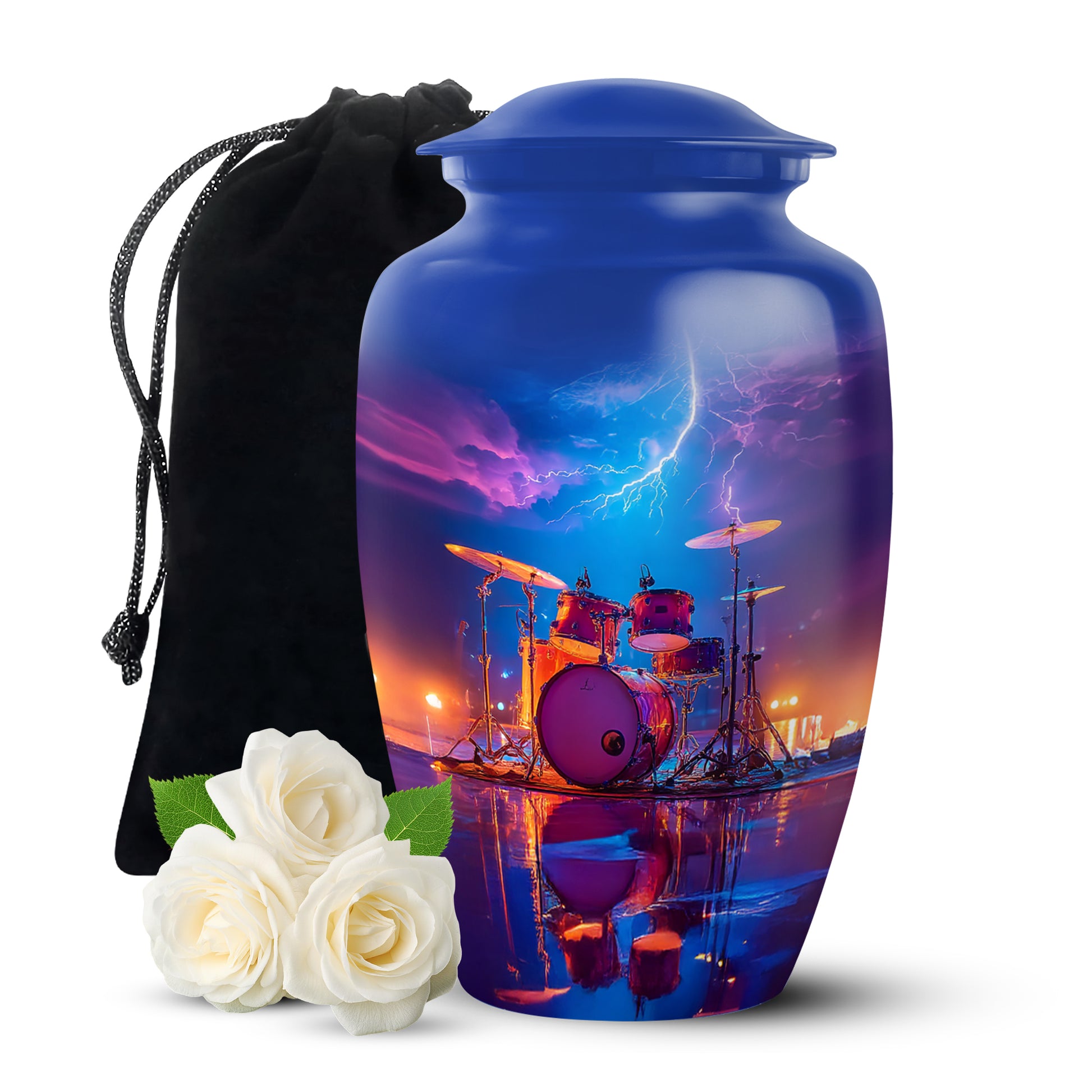 Dusty Blue Drums Cremation Urn angled view of lid and engraved motif - timeless drums motif etched into premium metal - full-size 10 inch 200 cubic inch adult cremation urn