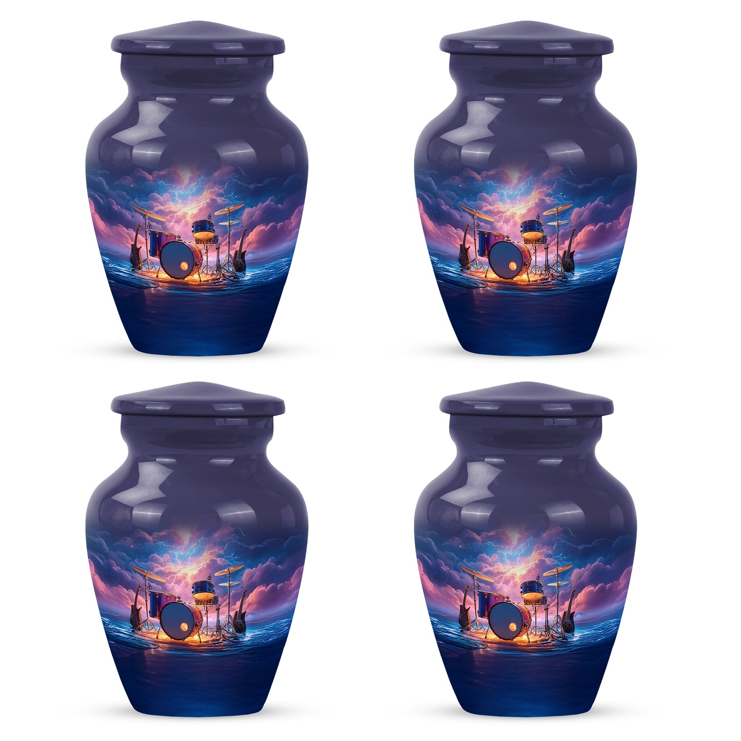 Navy Blue Drums Cremation Urn side profile showing urn shape - classic sculpted drums pattern on smooth aluminum - 10 inch aluminum urn for cremated remains