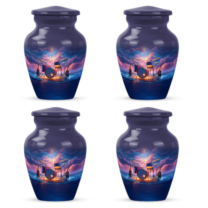 Navy Blue Drums Cremation Urn side profile showing urn shape - classic sculpted drums pattern on smooth aluminum - 10 inch aluminum urn for cremated remains