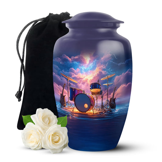Misty Blue Drums Cremation Urn angled view of lid and engraved motif - classic sculpted drums pattern on smooth aluminum - full-size 10 inch 200 cubic inch adult cremation urn