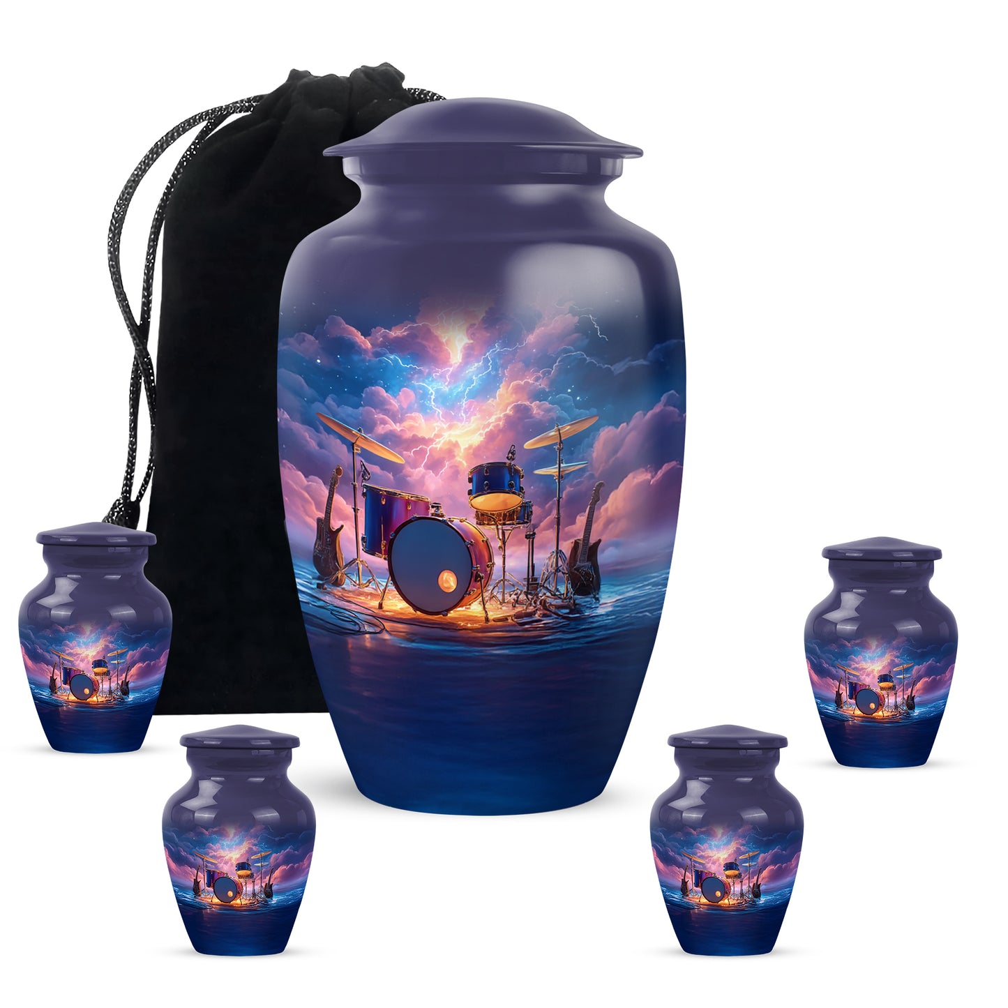 Soft Blue Drums Cremation Urn top-down view of secure threaded lid - traditional drums engraving with hand-polished finish - memorial set with one large and four small urns
