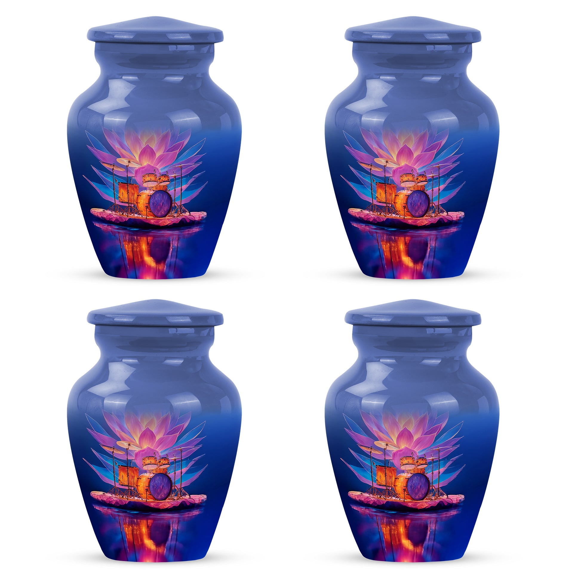 Indigo Drums Cremation Urn side profile showing urn shape - timeless drums motif etched into premium metal - 10 inch aluminum urn for cremated remains