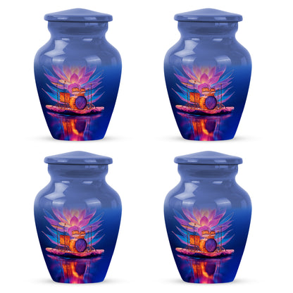 Indigo Drums Cremation Urn side profile showing urn shape - timeless drums motif etched into premium metal - 10 inch aluminum urn for cremated remains