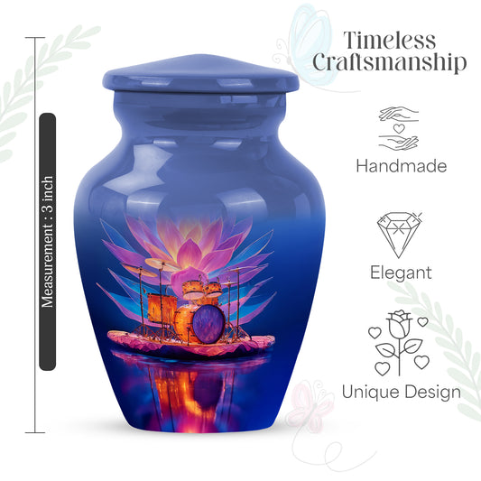 Soft Blue Drums Cremation Urn close-up of engraving and surface detail - elegant classic drums relief with fine detailing - mini keepsake memorial for portion of cremation ashes