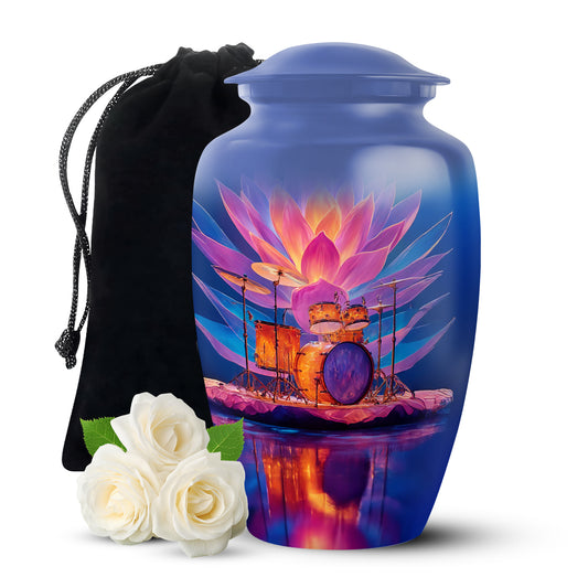 Indigo Drums Cremation Urn angled view of lid and engraved motif - classic sculpted drums pattern on smooth aluminum - full-size 10 inch 200 cubic inch adult cremation urn